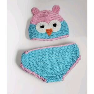 Newborn Baby Photo's Outfit Hand Crocheted Owl Hat & Diaper Cover Set 0-9 months